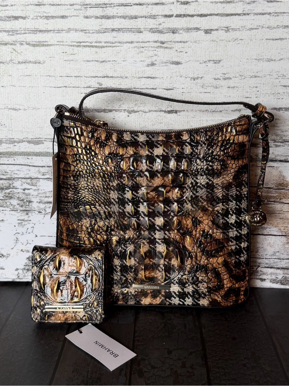 BRAHMIN KATIE UNTAMED LEOPARD CROSSSBODY & Matching JANE WALLET Houndstooth NWT